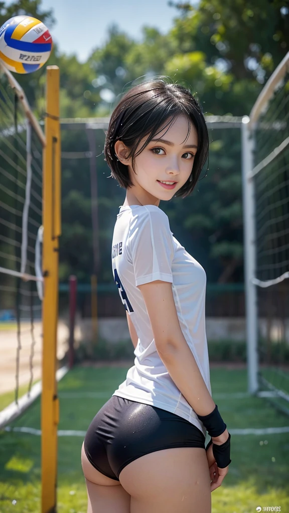 A girl lies on the grass of a football field for a photo,(tmasterpiece,Need),1girll,realistic pupil,brunette color hair,Sweet dimple smile,short detailed hair,(lying on the grass ground:1.5)(Background with:Football field green grass:1.5),Solo,fully body photo,seductiv,Petite and cute,Pure face,White Skin Skin,sexyposture,(Black T-shirt top,Realistic details:1.2),(Perfect breasts and bulges:0.8),(Realistic details of white jeans:1.2),(cropped shoulders,no-bra)),adolable,fully body photo