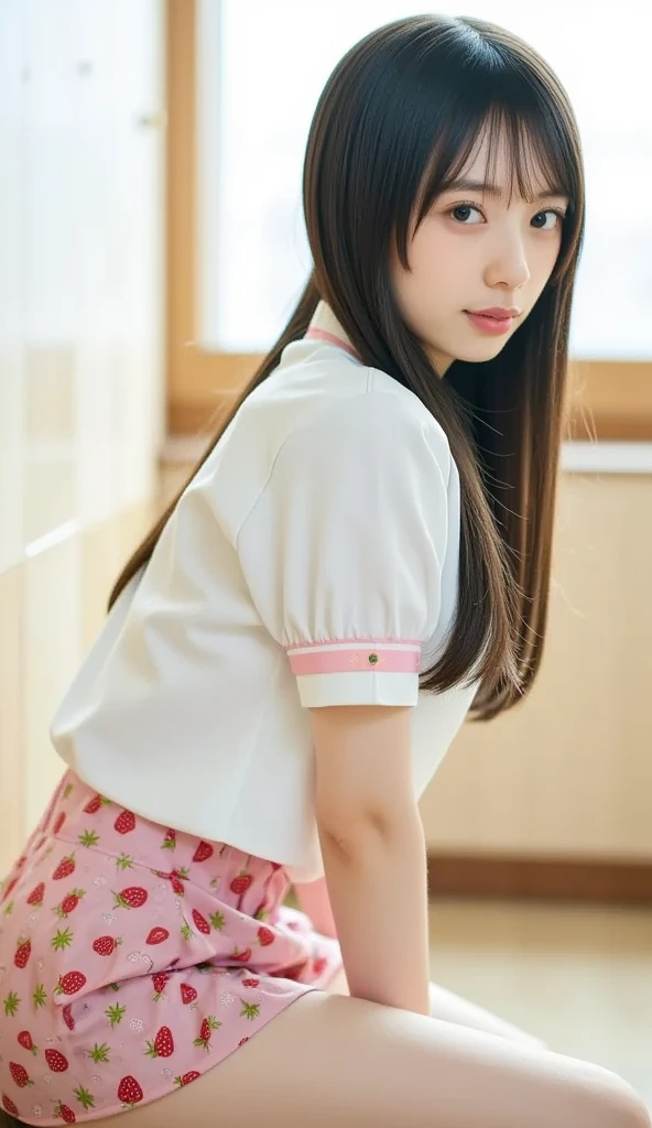 Japanese girl。A round face with plump cheeks makes you look young。The eyes are slit and long.、expression is dark。The mouth is large、The lips are thick。Wearing a short skirt。Natural, large breasts are emphasized。Shirt buttons４More than one open。Her hairstyle is a ponytail with bangs and long sideburns.。Tied with a red ribbon。Wearing a scrunchie on her left wrist。Background is lawn in park。The angle of view is taken from behind。The model is on all fours、legs wide open。Turning their head and eyes towards the camera。
