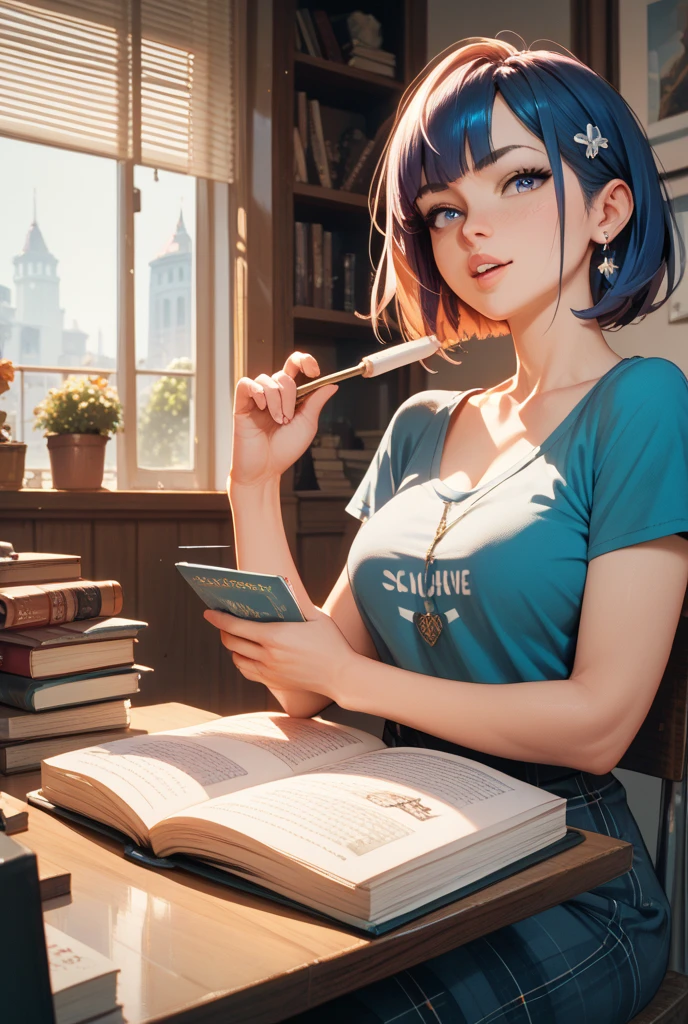 fantastic realism, bokeh, 1girl (30 years old), sitting in a library, reading, yellow eyes, light blue dress, straight red hair, nsfw, beautifully detailed woman, beautifully detailed mouth, extremely detailed eyes and face, beautiful detailed eyes,