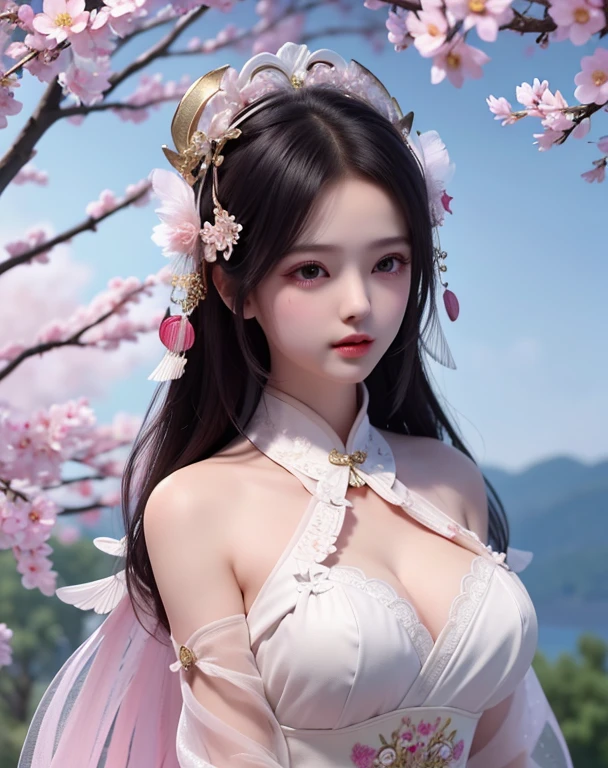 (8k, RAW photo:1.2), best quality, ultra high res,dramatic angle,(fluttered detailed color splashs), (illustration),(((1 girl))),(long hair),(rain:0.9), (头饰:1.4),少女身边有一座古宫,汉服,(重点),彩色水墨画,(泼彩),泼彩,(((colorful))),(素描:0.8) , Masterpiece, best quality, beautiful painted, highly detailed,(denoising:0.6),[splash ink],((ink refraction)), (beautiful detailed sky),moon,highly,detaild,(masterpiece, best quality, extremely detailed） CG unity 8k壁纸，杰作，最好的质量，超详细），（石蒜）. hanfu open v   open V-chested clothes Thin silk lace dress , (huge ，cleavage),, white pink, blue ，best qualtiy，tmasterpiece，超高分辨率，（真实感：1.4），RAW photogr，（True skin texture：1.3），（filmgrain：1.3），（Selfie angle），1个Giant Breast Girl，Beautiful eye and face details，tmasterpiece，Best quality at best，，The chest more exposed， detailed hair, bra pink , detail 8k, upper body,.