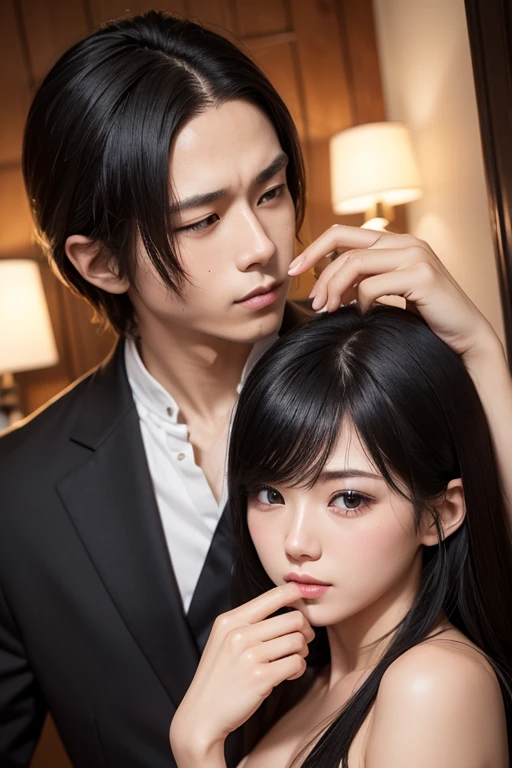1boy 1girl, black hair, grey eyes, wearing all black suit, holding hands, absurdres, high res, ultrasharp, 8K, masterpiece, looking from behind