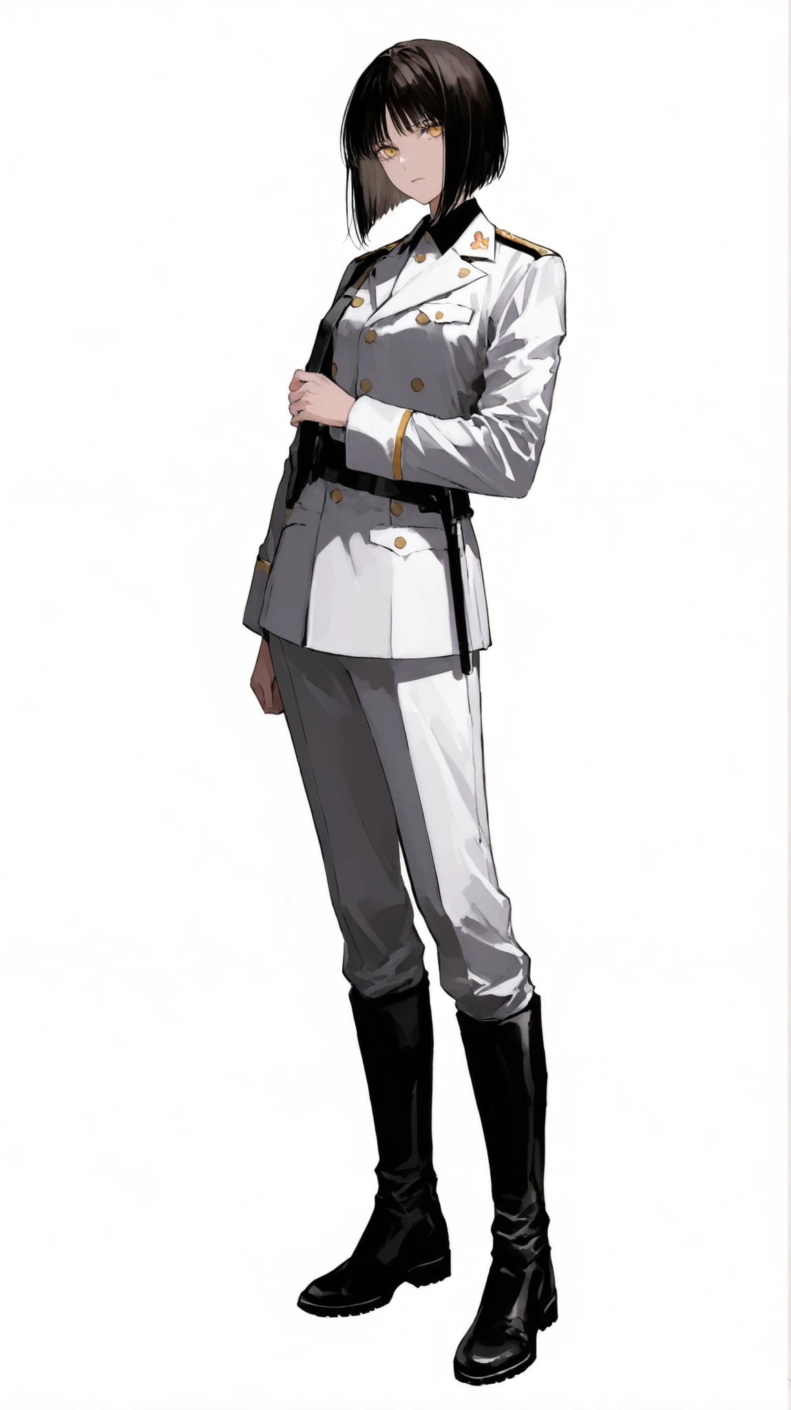 High Definition girls Full Body front Standing picture Short Has taupe hair bob hair Golden eyes white military uniforms Formal Wear black short boots white background