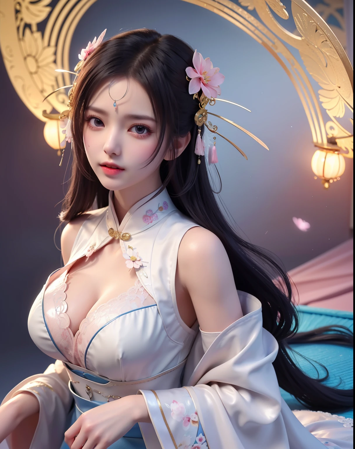(8k, RAW photo:1.2), best quality, ultra high res,dramatic angle,(fluttered detailed color splashs), (illustration),(((1 girl))),(long hair),(rain:0.9), (Headdress:1.4),There is an ancient palace beside the girl,Hanfu,(Key Points),Color ink painting,(Splash of Color),Splash of Color,(((colorful))),(sketch:0.8) , Masterpiece, best quality, beautiful painted, highly detailed,(denoising:0.6),[splash ink],((ink refraction)), (beautiful detailed sky),moon,highly,detaild,(masterpiece, best quality, extremely detailed） CG Unity 8k Wallpaper，masterpiece，best quality，Ultra Detailed），（Lycoris）.shoulder ballet dress open V-chested clothes Thin silk lace dress short skirt , (huge ，cleavage),, white pink, blue ，best qualtiy，tmasterpiece，Ultra-high resolution，（Reality：1.4），RAW photogr，（True skin texture：1.3），（filmgrain：1.3），（Selfie angle），1个Giant Breast Girl，Beautiful eye and face details，tmasterpiece，Best quality at best，，The chest more exposed， detailed hair, bra pink , detail 8k, full body, lace petticoat, fan handle