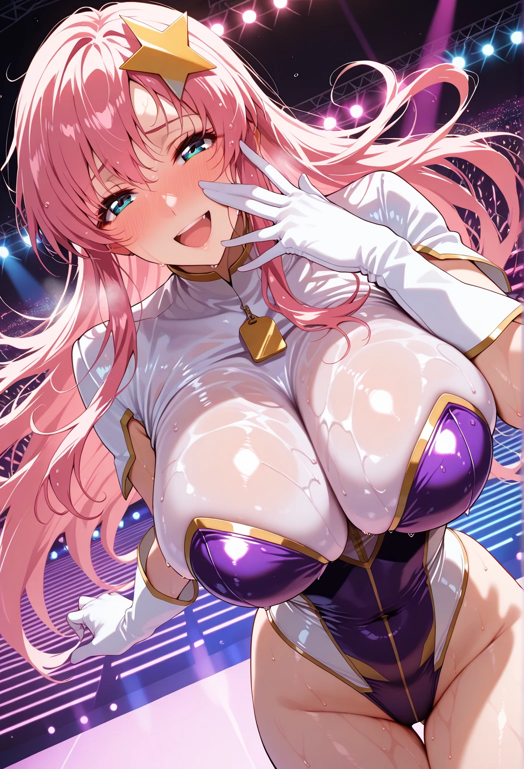(masterpiece)、(Highest image quality)、(Super detailed)、(extremely detailed)、4K、(8K)、Highest image quality、(beautiful)、
more campbell, 1 teen_girl, star hair ornaments, hair ornaments, pink hair, long hair, gloves, Leotard Purple leotard, white leotard, leotard that bites、(gigantic_tits:1.2)、thick thighs、,light smile、dynamic pose、gravure、dynamic angle、noise removal、emphasis on crotch、chest enhancement,open_legs
