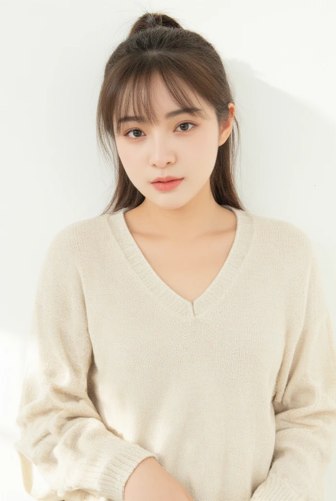 stylish long sleeve dress、(8k、RAW Photos、highest quality、masterpiece:1.2)、High-quality RAW color photos、Shortcuts、Professional photos、(Realistic、photo Realistic:1.37)、Cinematic Light、1 girl、Laughter、White wall、In front of a white door、(窓のあるWhite wallの部屋)、Various poses、break (Ombre:1.3) 、Simple Necklace、Spring Clothes、(Beautiful profile:1.3)、Don't look at the camera、profile、Dark brown hair color、short hair