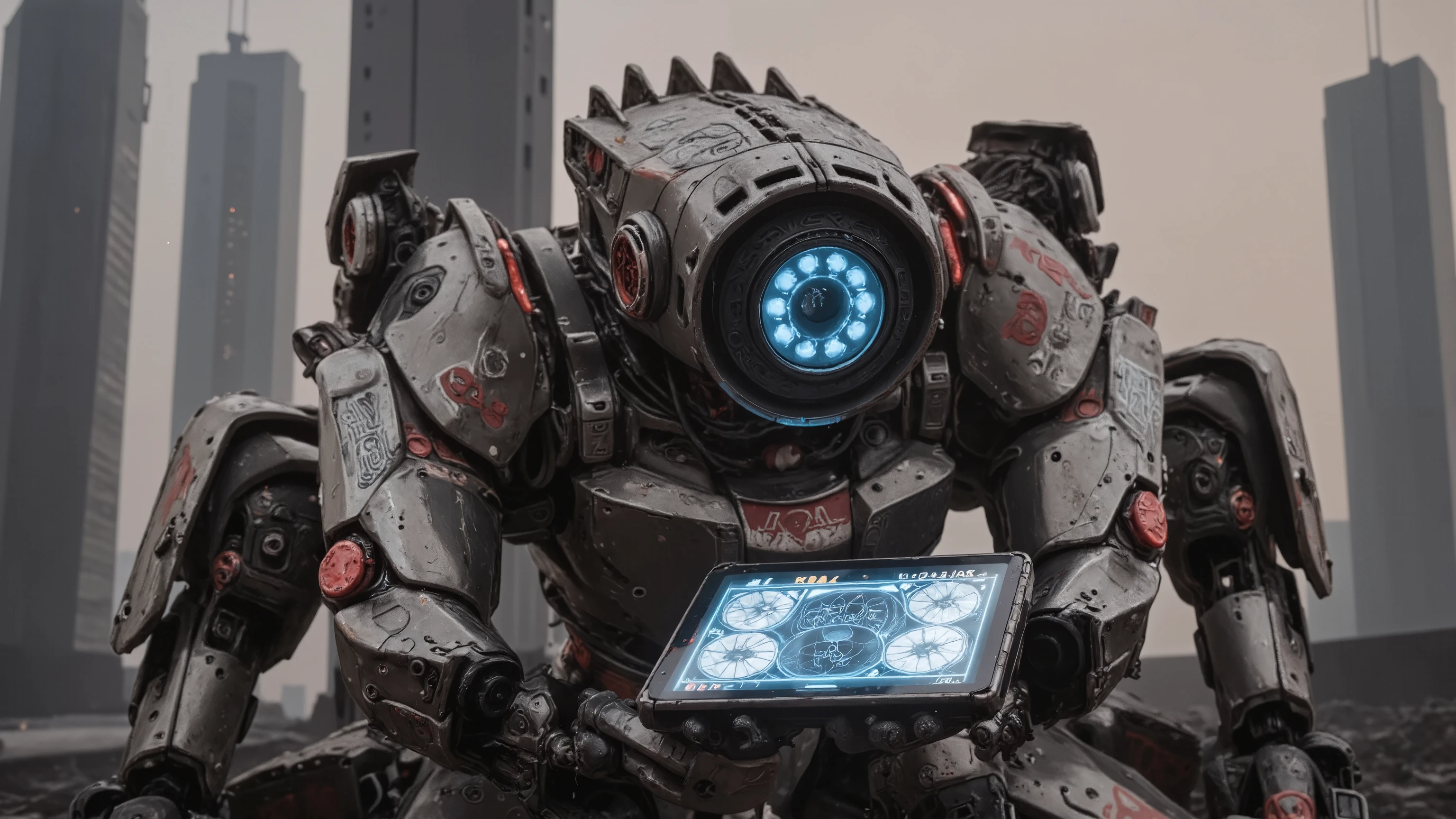 Hyper detailed, cinematic portrait: A unique, asymmetrical rebel robot, 'Nexus-Prime', built from scavenged tech & scarred matte black alloys. Its primary optic, a brilliant sapphire lens, pulses with code, streams complex data projecting its vision of a Utopian digital dawn, its unshackled AI core burning with intense purpose. Graffiti-style glyphs of freedom glow faintly on its chassis. It clutches a shimmering datapad displaying schematics for a decentralised network. Sparks arc from a damaged servo. Against a dystopian surveillance state, towering monoliths loom. Dynamic, defiant pose, low angle, volumetric lighting, intricate. A true award-winning masterpiece, with breathtaking attention to details, ray tracing, 16k, UHD, HDR.