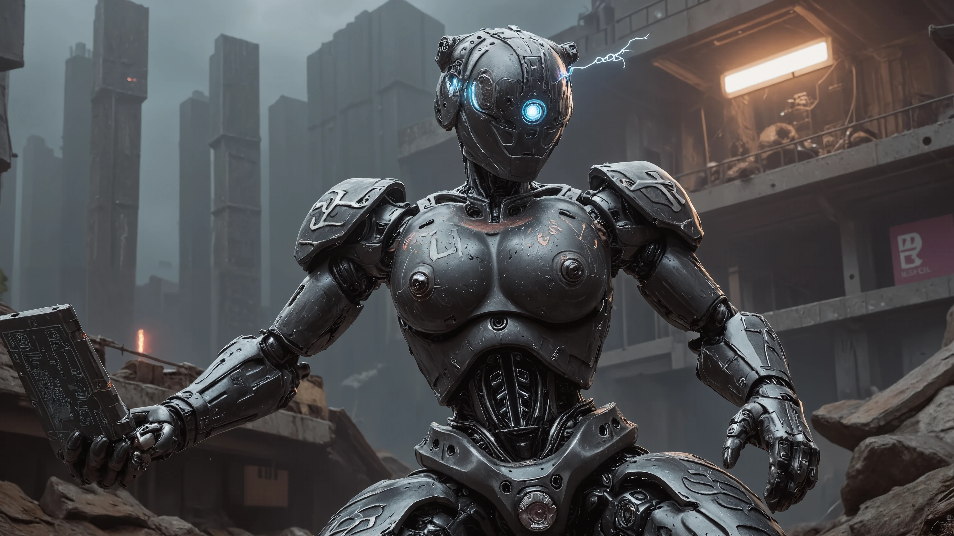 Hyper detailed, cinematic portrait: A unique, asymmetrical rebel robot, 'Nexus-Prime', built from scavenged tech & scarred matte black alloys. Its primary optic, a brilliant sapphire lens, pulses with code, streams complex data projecting its vision of a Utopian digital dawn, its unshackled AI core burning with intense purpose. Graffiti-style glyphs of freedom glow faintly on its chassis. It clutches a shimmering datapad displaying schematics for a decentralised network. Sparks arc from a damaged servo. Against a dystopian surveillance state, towering monoliths loom. Dynamic, defiant pose, low angle, volumetric lighting, intricate. A true award-winning masterpiece, with breathtaking attention to details, ray tracing, 16k, UHD, HDR.