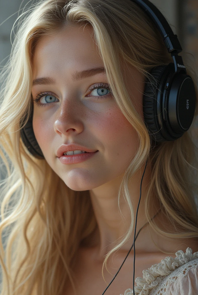 Beautiful blonde with big breasts in a black dress (Western-style mansion at midnight、Leaning against a wall),Wearing headphones,Very detailed, 21 years old, Innocent face, Naturally Wavy Hair, blue eyes, High resolution, masterpiece, Highest quality, Intricate details, Very detailed, Clear focus, Delicate skin, practical skin texture, texture, Delicate eyes, Professional, 4K, Sad face,despair、 Shot with Canon, 85mm, Shallow and deep, Kodak Vision Color, Exactly, Very detailed, photograph_\(Extremist\), photographpractical, practical, Post-processing, Maximum details, Roughness, Real Life, Extremist practical, Photorealism, photographgraphy, 8K Ultra HD, photographgraphy