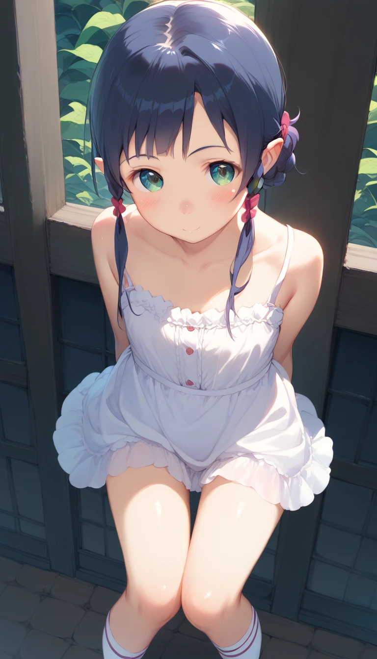 (top-quality,16K image quality,masterpiece:1.5),View Viewer,sexypose,nsfw,Maid Style,(maid underwear,in one's underwear only),open mouth.seductive smile,aroused,blush,Love Hotel at Night,bitch,,slender,middle hair, little two side up,flat chest,shiny hair,Fair skin,Straight black hair