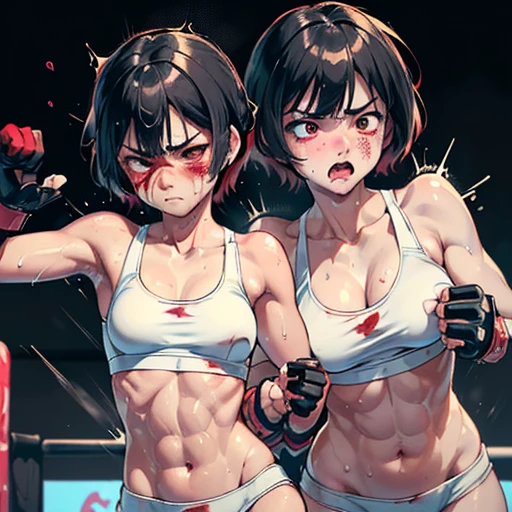 Beautiful female high school mixed martial artist covered in blood。He looks away in fear from the oncoming punch。Suffering from damage。Mouth open and dripping blood。With one eye closed, it seems painful。Fighting inside the Octagon。I'm soaked in sweat。open finger gloves。sports bra。bikini。erect nipples。black hair short cut。