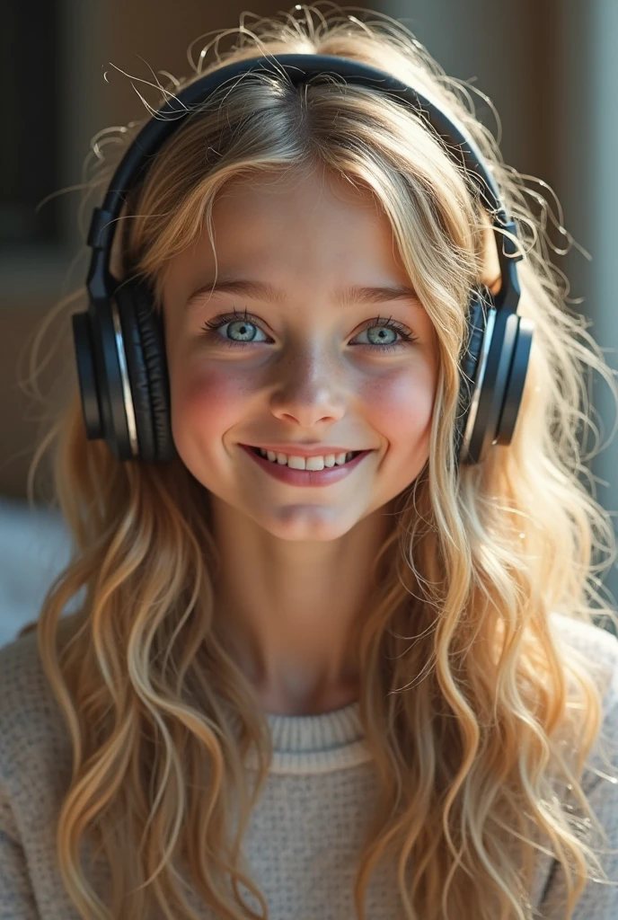 mENINA BLONDE CHILD, PORTRAIT, INFINITE WHITE BACKGROUND,WALKMAN.