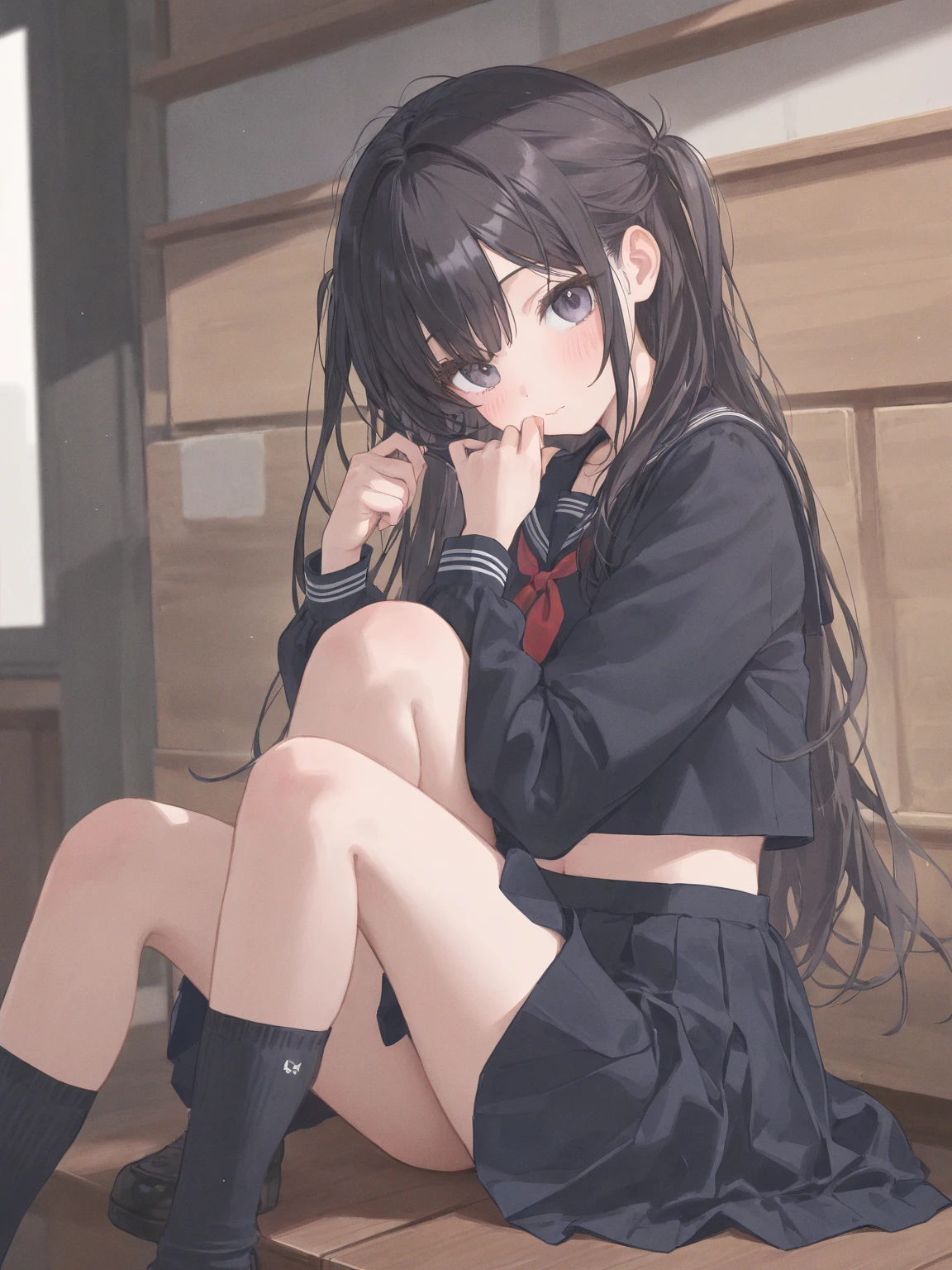 masutepiece, Best Quality, {Best Quality}, {{masutepiece}}, {hight resolution}，Illustration, 1girl in, Inoue Takina, Long hair, Bangs, Black hair, (Purple eyes:1.2), blush, Black dress with short length only，white shorts rack ，Black Pantyhose King，Brown Short Boots，Looking at Viewer，