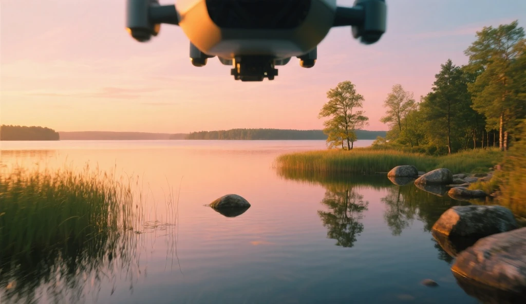 ((circular image)) with a ((drone)) hovering over water at sunset