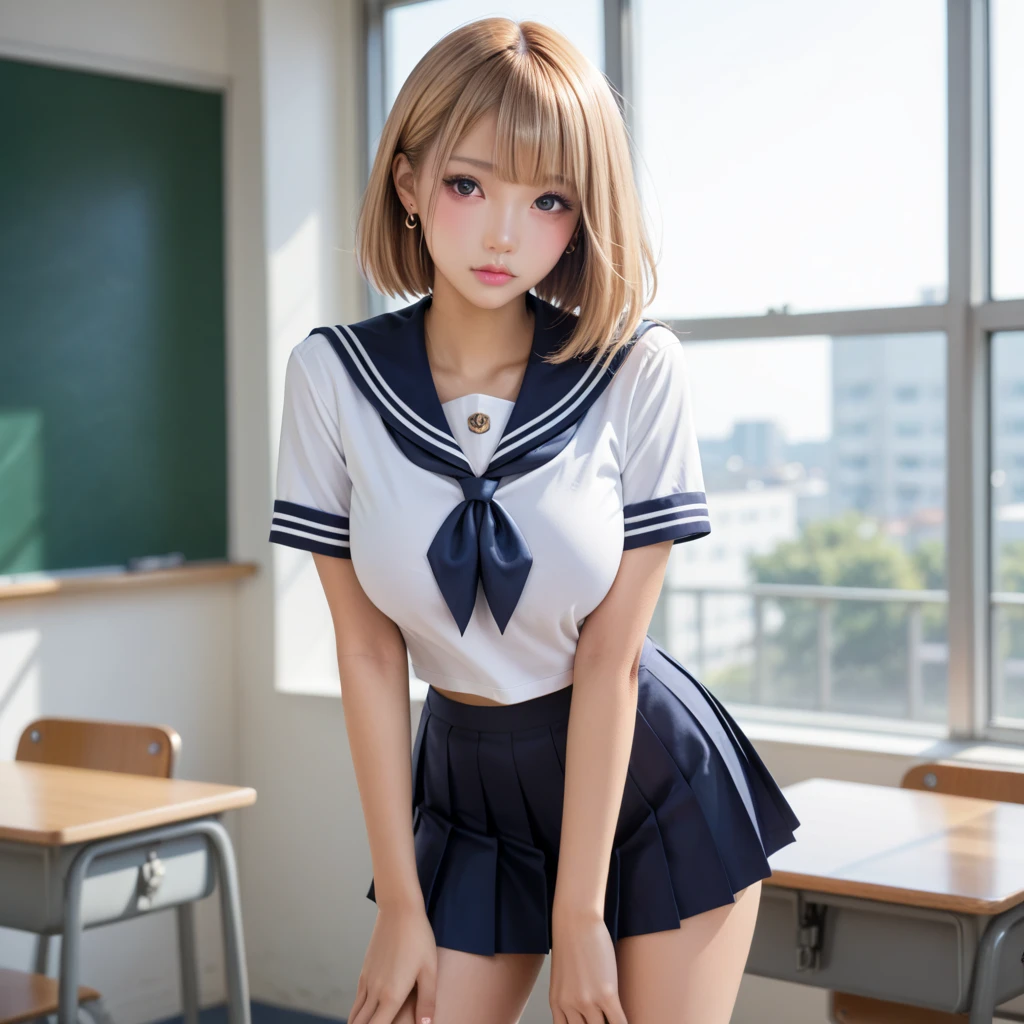 ulzzang -6500-v1.1, (Raw foto:1.2), (Photorealsitic:1.4), a beautiful detailed girl, ((a blond)), ((short-cut)), extremely detailed eye and face, beatiful detailed eyes, Ridiculous, unbelievable Ridiculous, huge filesize, ultra-detailliert, hight resolution, ighly detailed, top-quality, masterpiece, Kemomimi, ((Japanese girls' high school uniform)), illustratio, ighly detailed, nffsw, unification, 8k wallpaper, astonishing, finely detail, masterpiece, top-quality, Highly detailed ticker uniform 8K wallpaper, face lights、Cinematographic lighting、1girl in、sixteen years old、(witheout panties)、((dynamicposes)))、(camel's toe)、(half)、、(Crooked knees and legs sitting))