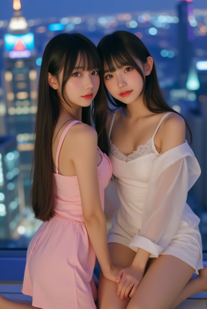 Close-up of a woman sitting on a roof in a pink lace dress, ulzzangs, Shin Jinying, jaeyeon nam, Korean girl, With long hair, Long hair with bangs, shaxi, 8k selfie photograph, lalisa manobal, With bangs, long whitr hair,Thick bangs, beautiful Korean women, Brown hair long,By bangs