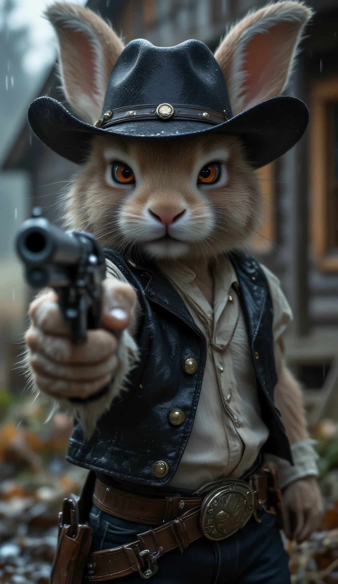 ((Highest quality)), ((masterpiece)), (detailed), ((very detailed face)), High resolution photograph, ((full body portrait)), (A charming villain), Bad Bunny, (a cute rabbit gunslinger, wearing a black leather cowboy hat, a gun belt around his waist, and cowboy boots), muscular build, standing in front of a cabin in the pouring rain, a scene reminiscent of a wild western movie in the American wilderness, wearing a black leather western-style vest, holding a Colt Single Action Army revolver tightly in his right hand, preparing to pull the trigger with his right index finger, ((pointing the gun at the camera)), a scene reminiscent of a movie western, (glaring at the camera with his adorable but sharp eyes),