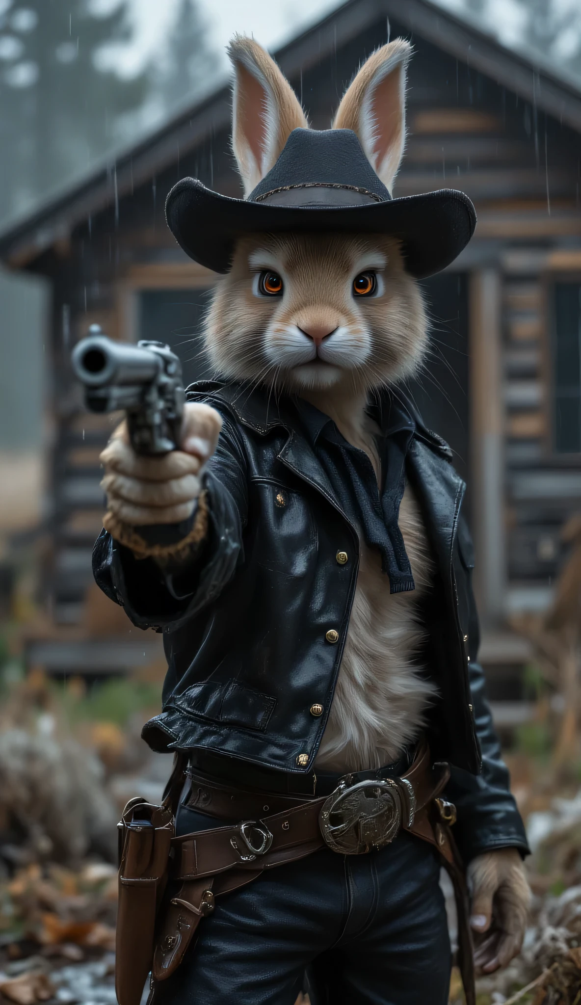 ((Highest quality)), ((masterpiece)), (detailed), ((very detailed face)), High resolution photograph, ((full body portrait)), (A charming villain), Bad Bunny, (a cute rabbit gunslinger, wearing a black leather cowboy hat, a gun belt around his waist, and cowboy boots), muscular build, standing in front of a cabin in the pouring rain, a scene reminiscent of a wild western movie in the American wilderness, wearing a black leather western-style vest, holding a Colt Single Action Army revolver tightly in his right hand, preparing to pull the trigger with his right index finger, ((pointing the gun at the camera)), a scene reminiscent of a movie western, (glaring at the camera with his adorable but sharp eyes),