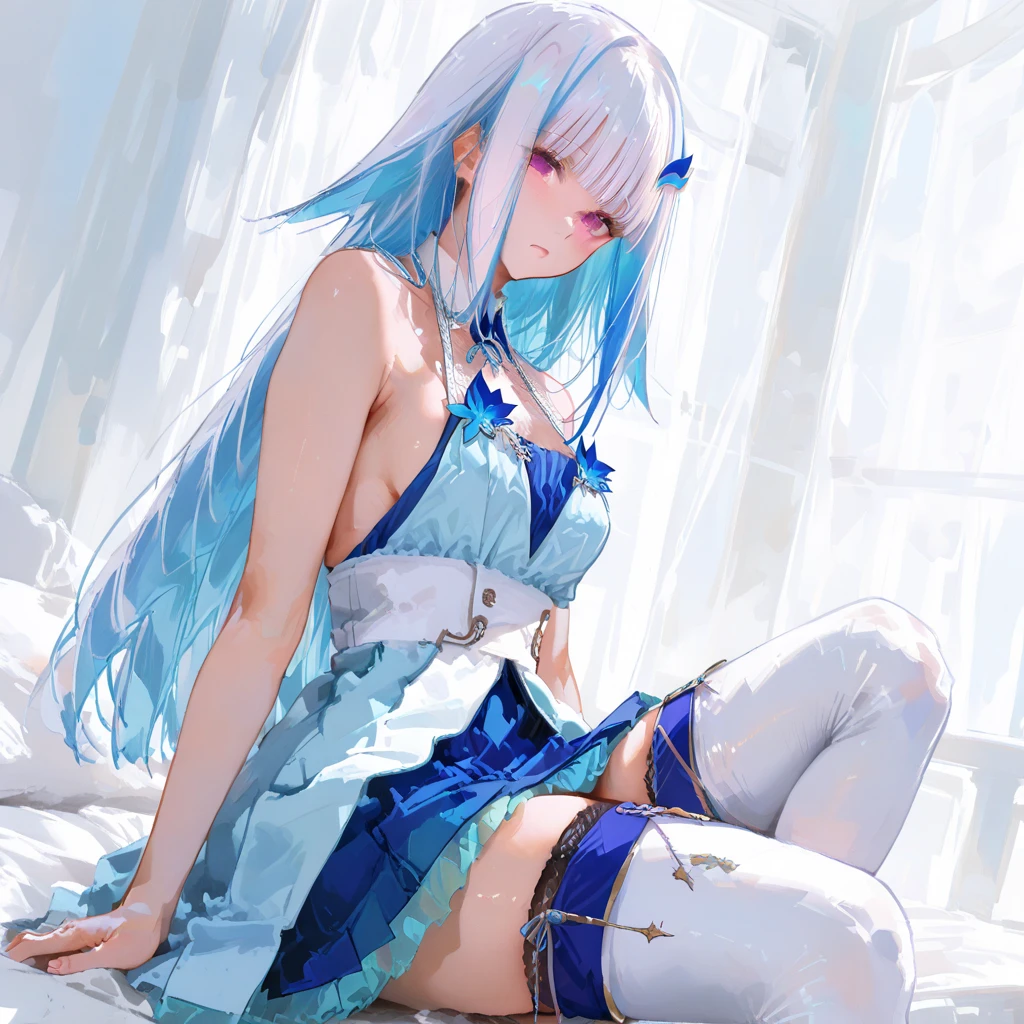 Highest quality, A seductive smile, See-through clothes,Sheer long skirt,Spread your legs,Lace panties,Blue tights