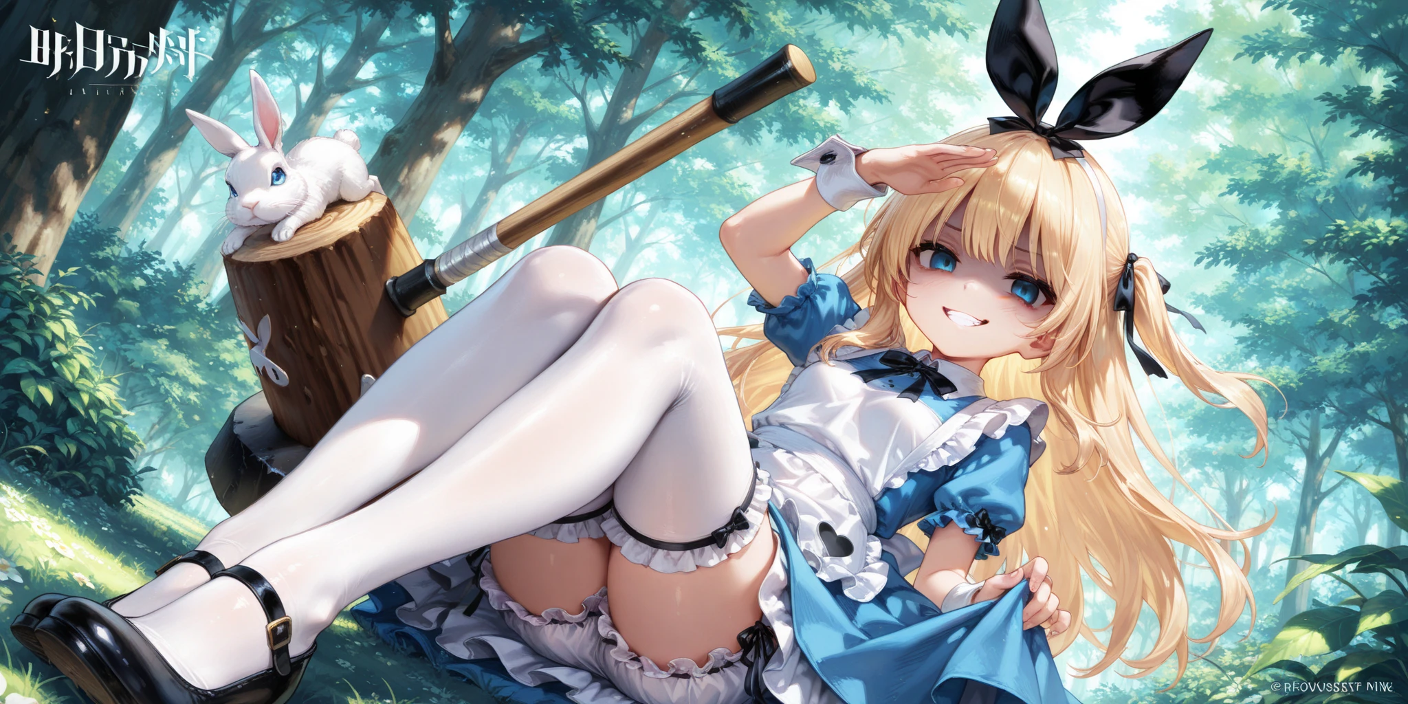 {{masterpiece}}, {{{highest quality}}}, artbook, Are you okay_art_parody, Unbelievably_disorganized, realistic, photograph, Improve, long hair, silver hair, bangs, detailed and beautiful eyes, aqua eye, aqua eye, pink eyeshadow, big breasts,Chubby、 have, 白いブラウスとミニスカートとapronを着ている, apron、floral sheer socks:1.2, white athletic shoes, Sony Alpha 7R IV で撮影,Lovely,showing off her panties to the viewer、wearing small plain panties、I don't have anything in my hand、accurate anatomy、precise fingers、smile、garden、Tea cup、black tea、Tea party、alice in wonderland、Our Lady、Sleeping on the ground、eyes closed、Big rabbit
