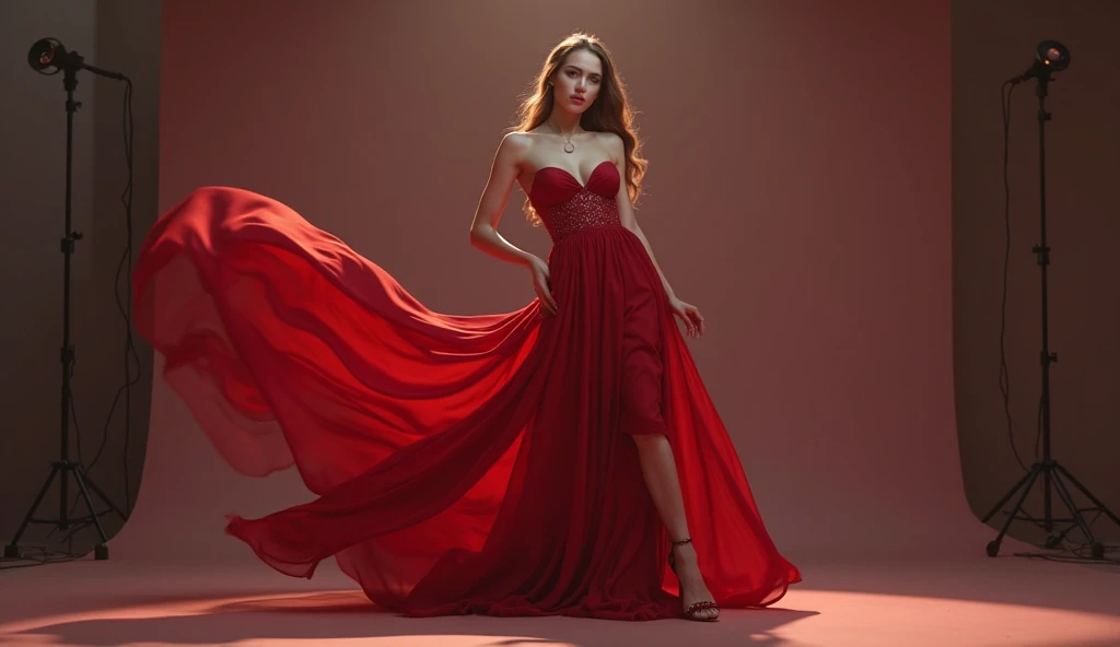 beautiful woman, sexy, avant-garde style, full length, red, silk, transparent, flowing clothes, accessories, bag, detailed face and eyes, detailed skin, detailed hair, intricate details, high quality, 8k, photorealistic, masterpiece, cinematic lighting, dramatic colors, glowing skin, elegant pose