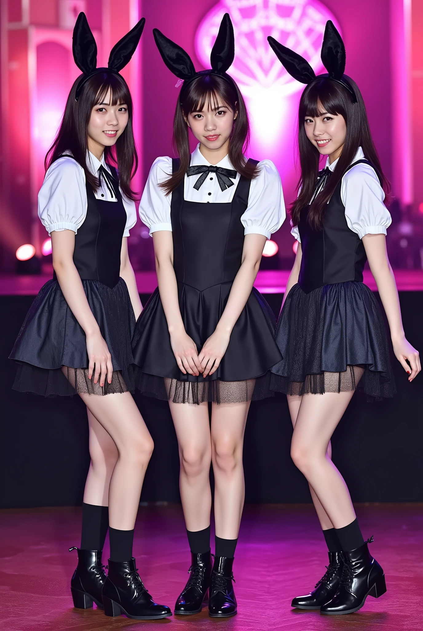Create a realistic photograph featuring a portrait of three beautiful Japanese female idols. They should have slender bodies, small busts, and thin legs, dressed in gothic-style maid outfits and wearing black rabbit ears. The idols should be striking cute poses, set against a vibrant variety show backdrop.