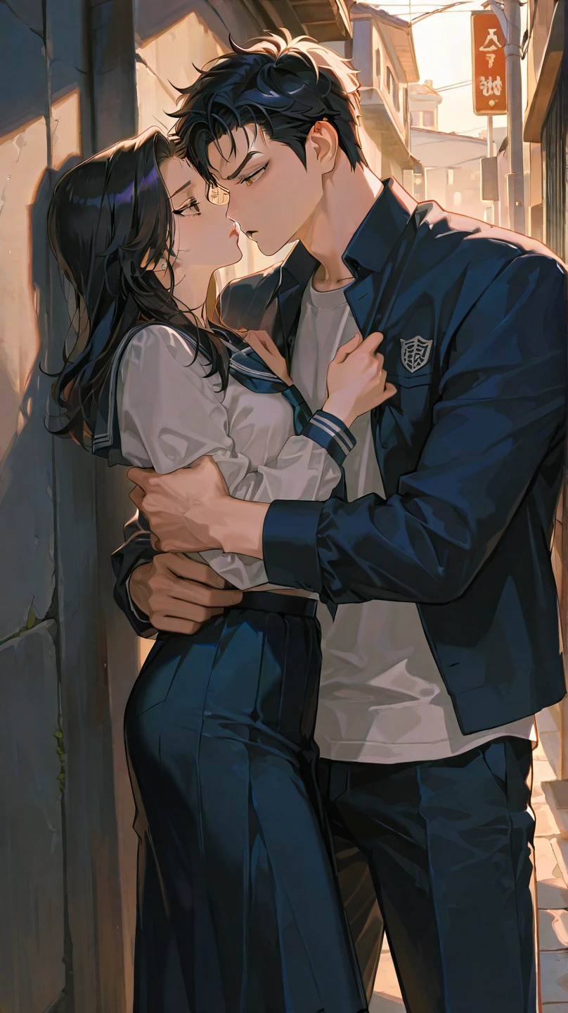 Woman with very short skirt and man fucking standing, realist