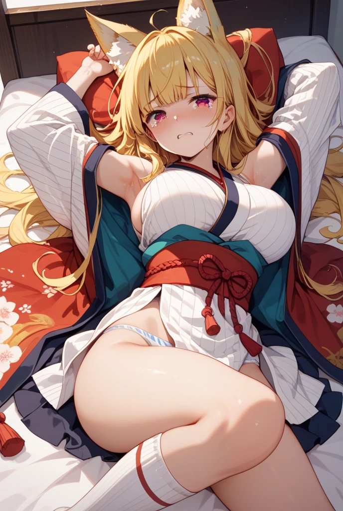 ((masterpiece)), ((best quality)), (ultra-detailed), anime style, on the bed, a cute girl, 1girl, solo, ((beautiful eyes)), smile, kimono, japanese cloth, ((open chest)), ((cute nipples)), small breast