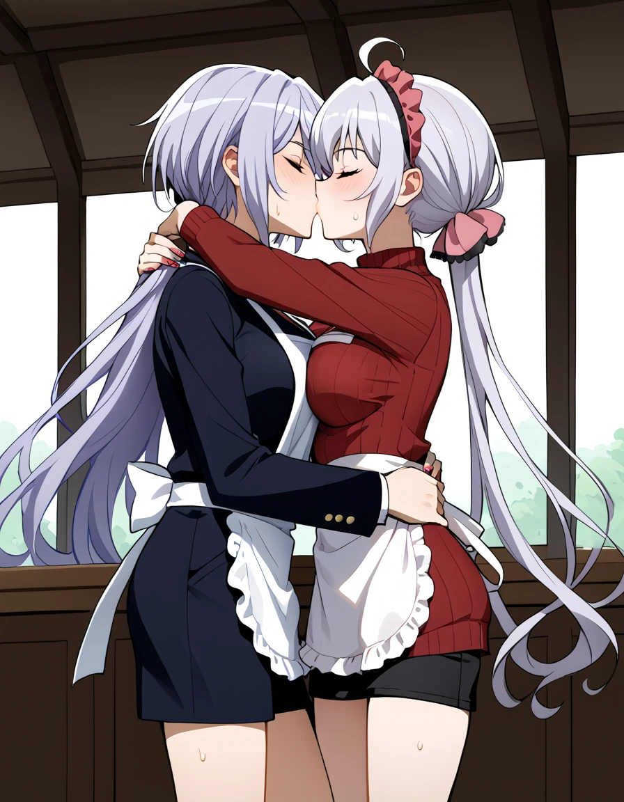 (Roxanne+ Rurushi Maid outfit) 2girls together, standing next to each other, holding hands and hugging each other, french kiss, kiss, add details, very detailed