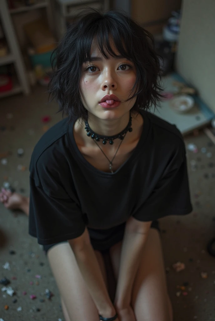 An 18-year-old Korean woman surrounded by a pile of garbage,aespakarina,Bobcut,Begging,beggar,(((Homeless))),((( Bad smell,Oil,Mud stains,shit,dirty))),(((Frowning,Glaring at the camera))),((((The room is filled with garbage))),Very fine eye, (((He's wearing a tattered black tracksuit.))),(((Tragic))),(make:1.3),Big eyes