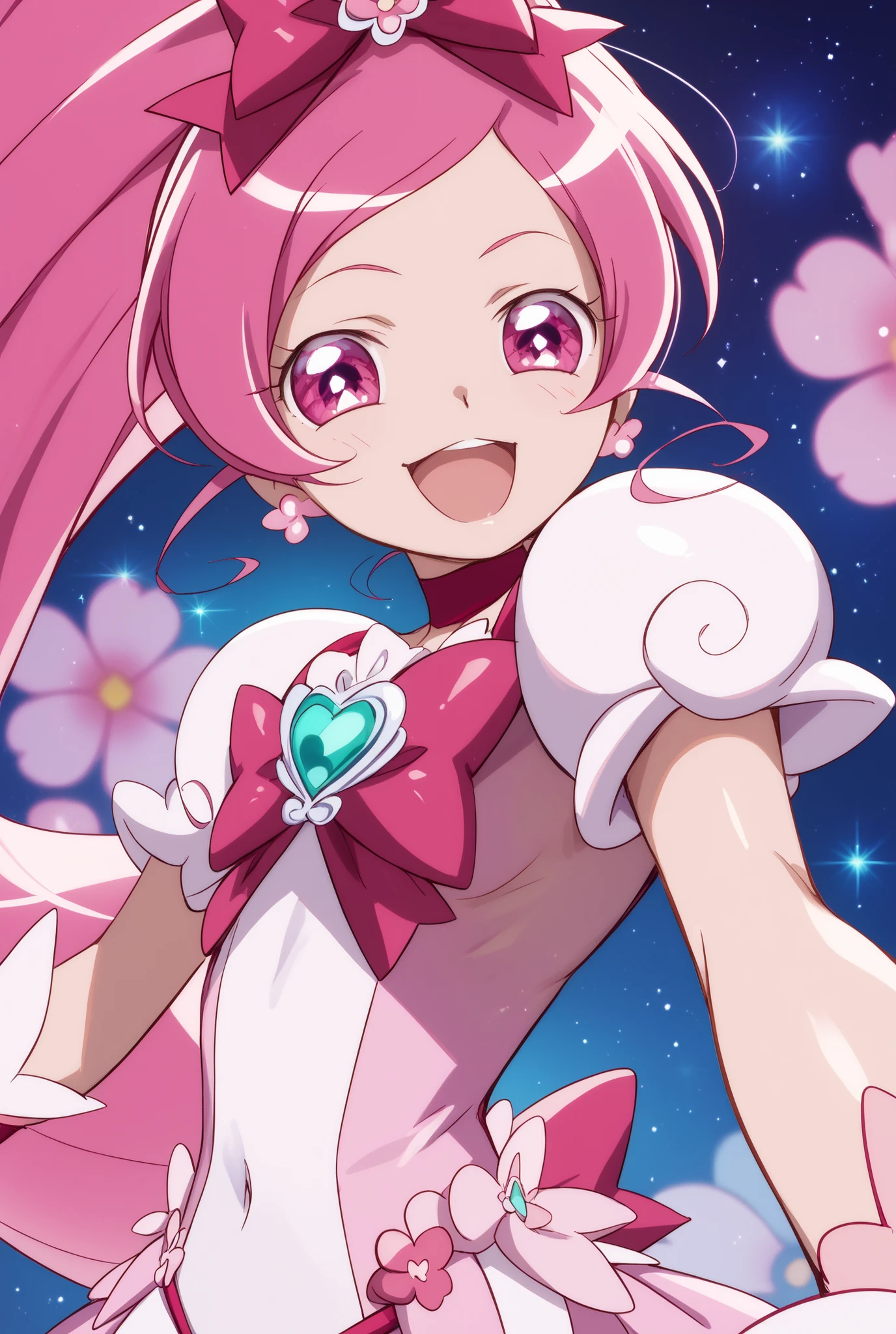 heart catch Pretty Cure、cute、cure blossom、pink hair、cosmic background 、 Slim、Small Breasts、Shiny on the skin、Fun、Smiling、open your mouth、
