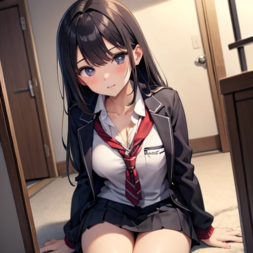 Anime girl with long black hair wearing a red tie and sitting on a chair, seductive anime girl, anime moe art style, beautiful anime high school girl, real high school girl, naughty anime style, Smooth anime CG art, attractive anime girl, digital anime art!!, hyperreal high school girl, big boobs, nipple, Pull up your skirt to show off your pants。