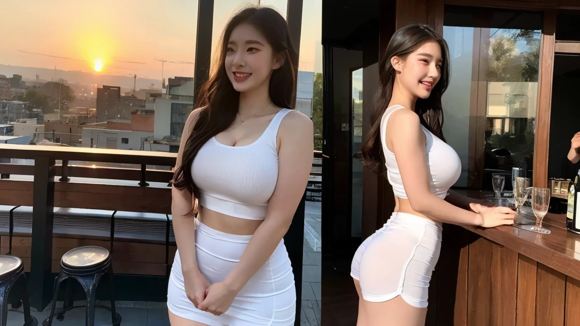 Light and shadow tracing full body image,A girl with a perfect figure, very beautiful face and eyes,Blushing and shy,long hair, Huge breasts,Huge breasts,The bust is really big,Sexy ass and,Baogou,,short minidress,Tight clothing,outdoor,Sunset,kiss