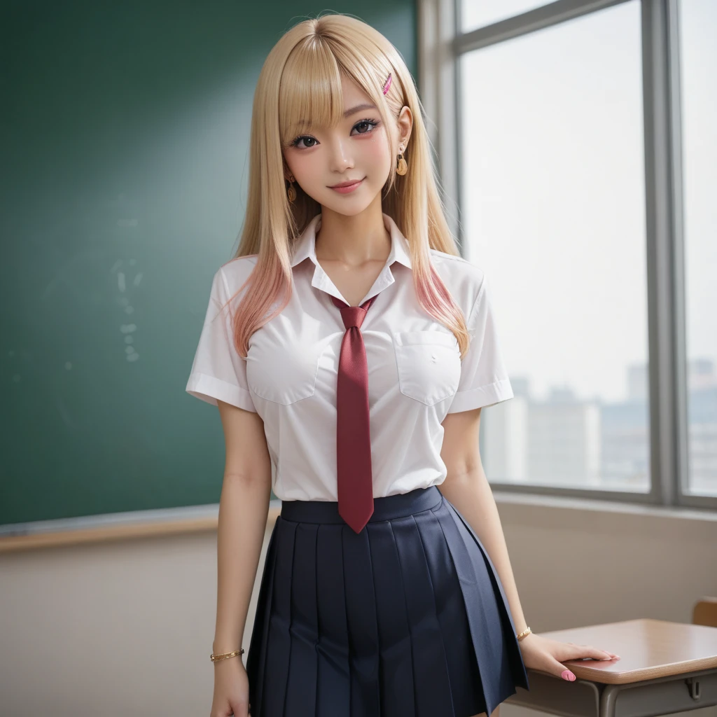 portlate、bright expression、poneyTail、Young shiny shiny white shiny skin、Best Looks、Blonde reflected light、(Platinum blonde hair with dazzling highlights)+、shiny light hair,、Silky straight hair、Beautiful bangs that shine、Glowing crystal clear attractive big blue eyes、Very beautiful nice cute 16 year old girl、Lush bust、Seduce with the eyes of the camera、Show thighs、((school shirt:1.5))+、smil、(adult appeal:1.2)、excited、Plump body、((School skirt with many folds:1.5))、1 girl in、Seduce with camera gaze,、Long length、
