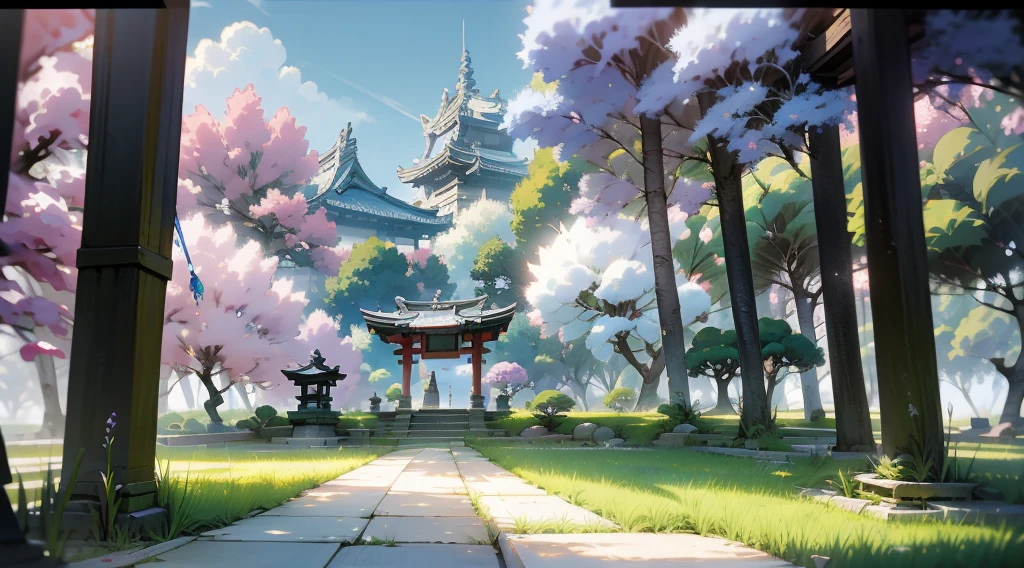Antique game scene design,massive trees,florals,Lotus levitation table,a blue sky,white cloud,Chinese ink painting high angle angle OC rendering sculpture