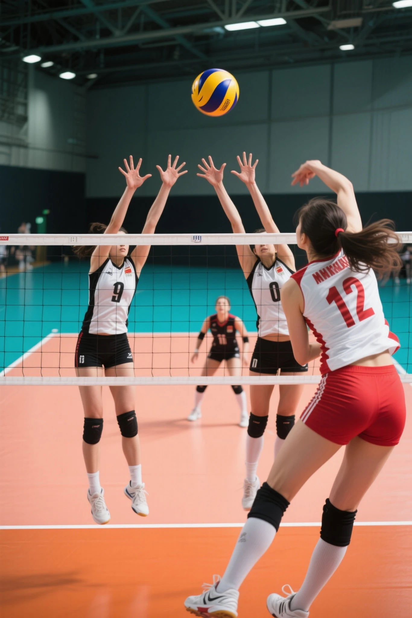 Women's Volleyball Attacker's Perspective、8k Resolution、Highest image quality、very detailed、Professional photo、perfect composition、fine texture、natural posing、depicting every detail、hyperrealistic、Women's Volleyball Match、indoor volleyball court、Opponent's Team Seen Through the Net、depiction with a sense of speed、The opponent's block is 2 people、The ball was shot through between the blocks of the two opposing teams、Ball Kicked into the Center Back of the Opposing Team、There's Only One Ball、Attackers are jumping higher than blocks、attacking teams have red and white uniforms、blocking teams have white and black uniforms、Point of view overlooking the opponent's court、attackers are jumping higher than blockers、Attacker's overhead composition