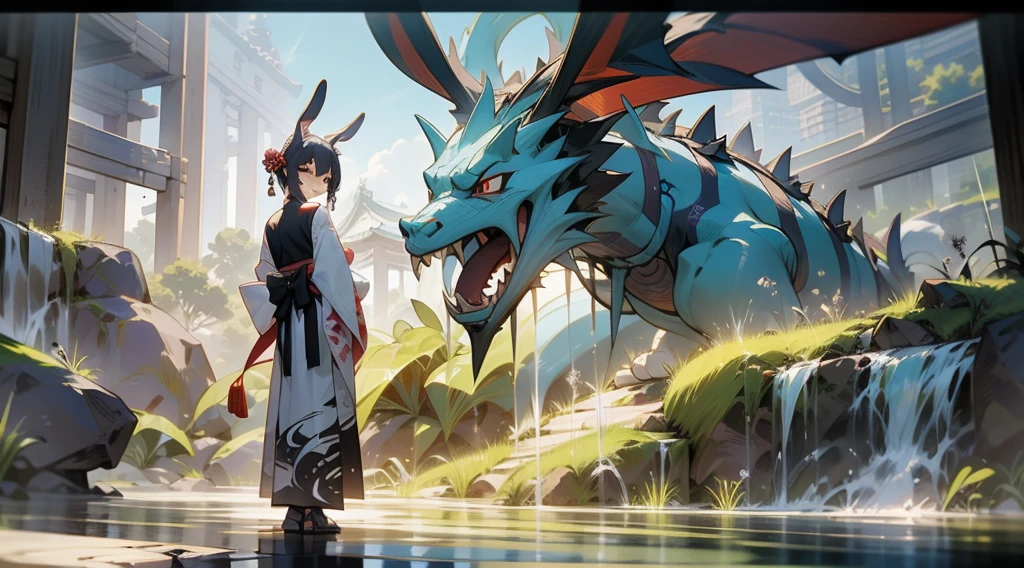 chinesedragon, drak, letterbox, halter, exteriors, The bird, standing on your feet, clouds, 1girll, Long gun weapons, from the front side, Skysky, mostly cloudy sky, critter, a Oriental Dragons, ogre, 1other, Hats, mist