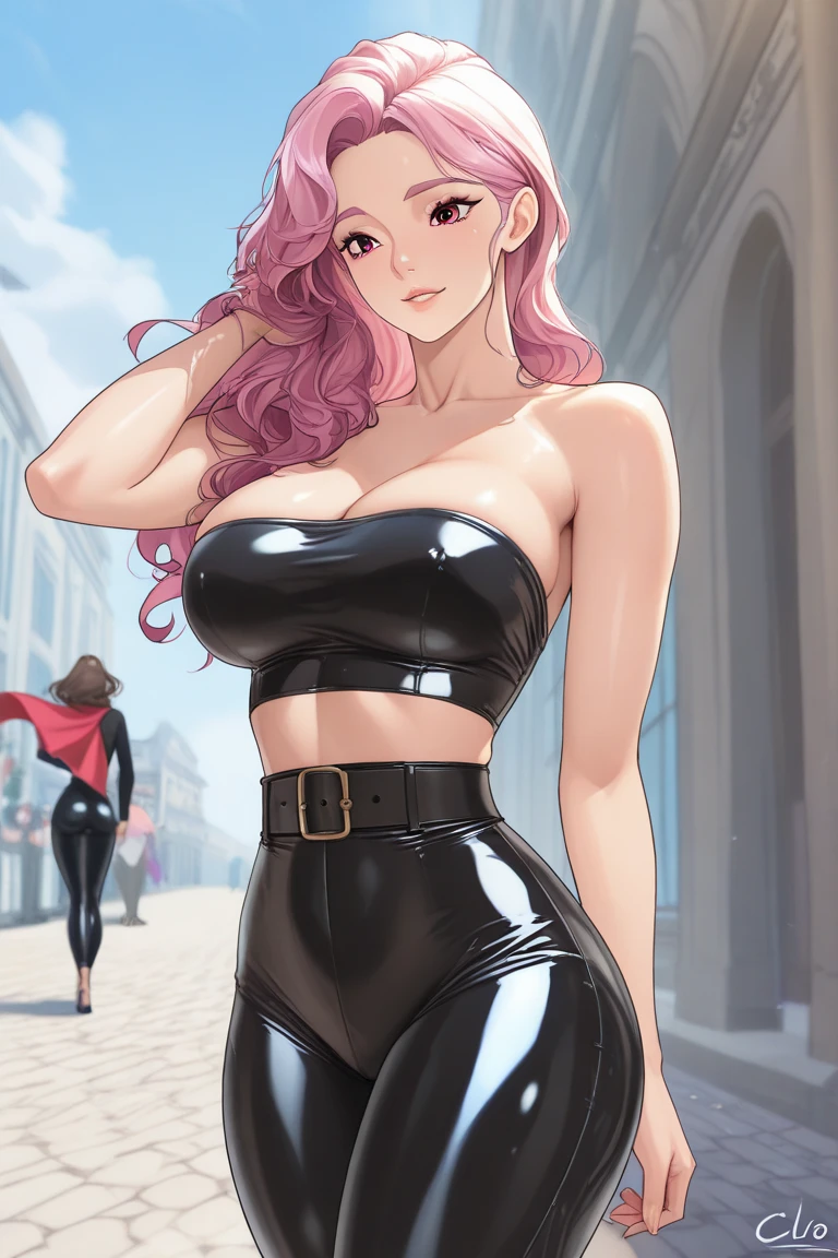 (masterpiece, best quality: 1.4) (1girl, solo) ((wavy pink hair)) glasses sexy gesture pudica pose, standing, sassy, full body front angle camera good anatomy 16k HDR