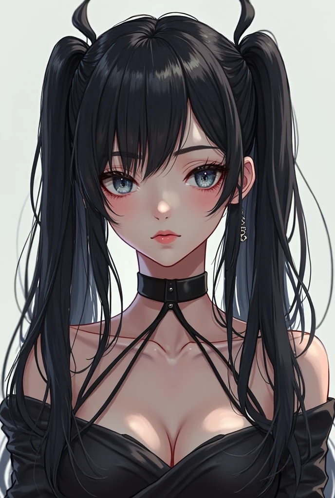 All intrincate details: "A side view illustration of Csilla, A 1 with a body identical to Priscilla Ricart with a distinctive combination of punk and gothic style. In this view, Csilla's long wavy blue hair can be seen falling to one side, showing her two braids adorned with large bows and silver flower-shaped brooches. His deep blue eyes are visible from the side, keeping a serene and melancholic look. She is wearing a white blouse with lace and sheer details., with a wide V-neckline adorned with a black cross. Her black miniskirt with a decorative belt, which includes pendants such as a crescent moon shaped amulet, It is also visible from the side. Csilla's legs show a black fishnet stocking on one leg and a white bandage with a black cross on the other.. She is wearing black fingerless gloves, with one of them featuring a mesh design, and black shoes with buckles, combined with white socks with ruffles. The background is a futuristic cityscape, but the focus is on Csilla's side profile, capturing its unique and detailed appearance"