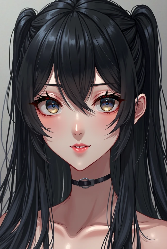 White anime girl style female character, long black wavy hair, with brown eyes and an intimidating look, red mouth.