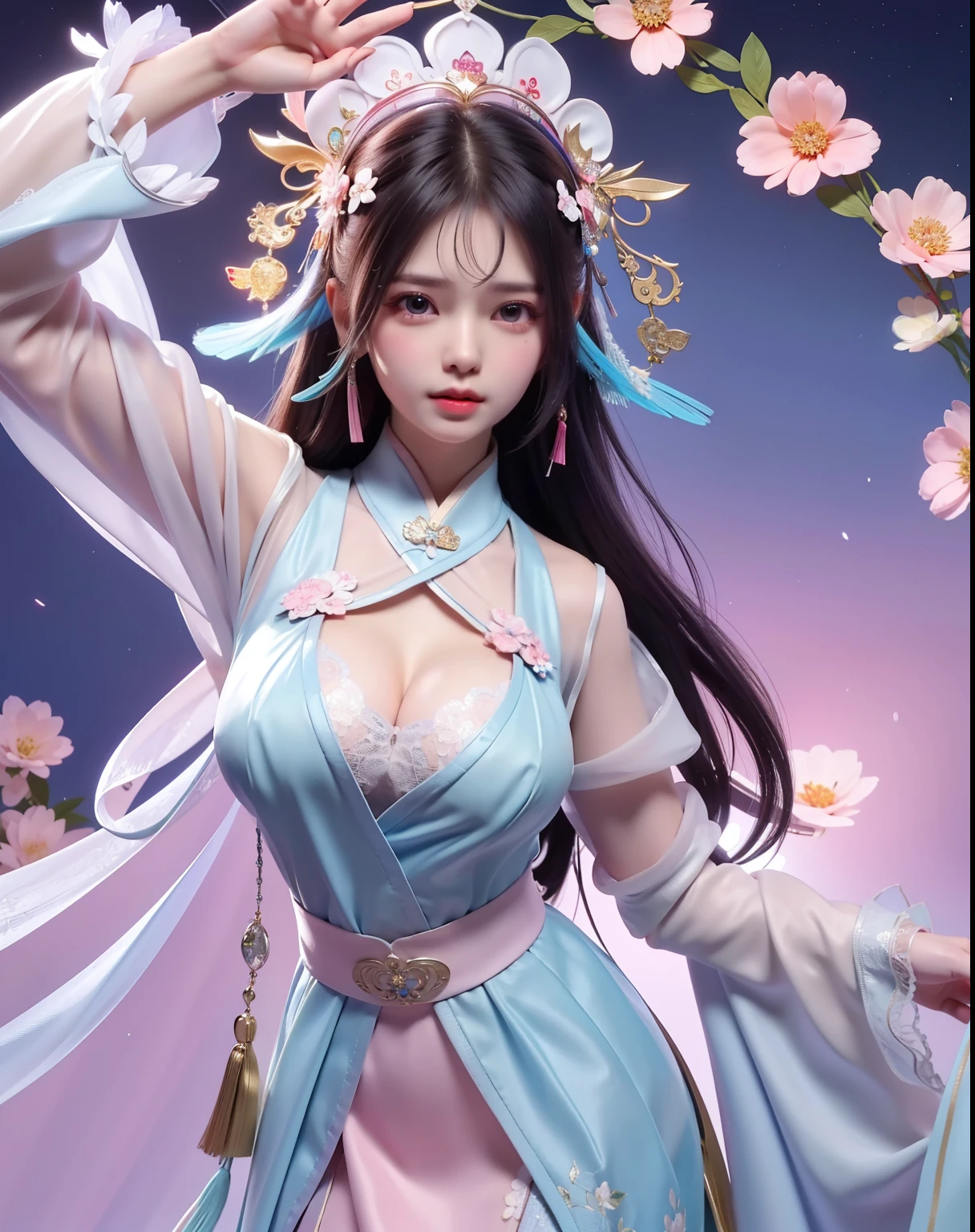 (8k, RAW photo:1.2), best quality, ultra high res,dramatic angle,(fluttered detailed color splashs), (illustration),(((1 girl))),(long hair),(rain:0.9), (Headdress:1.4),There is an ancient palace beside the girl,Hanfu,(Key Points),Color ink painting,(Splash of Color),Splash of Color,(((colorful))),(sketch:0.8) , Masterpiece, best quality, beautiful painted, highly detailed,(denoising:0.6),[splash ink],((ink refraction)), (beautiful detailed sky),moon,highly,detaild,(masterpiece, best quality, extremely detailed） CG Unity 8k Wallpaper，masterpiece，best quality，Ultra Detailed），（Lycoris）.shoulder ballet dress open V-chested clothes Thin silk lace dress short skirt , (huge ，cleavage),, white pink, blue ，best qualtiy，tmasterpiece，Ultra-high resolution，（Reality：1.4），RAW photogr，（True skin texture：1.3），（filmgrain：1.3），（Selfie angle），1个Giant Breast Girl，Beautiful eye and face details，tmasterpiece，Best quality at best，，The chest more exposed， detailed hair, bra pink , detail 8k, full body, lace pettico