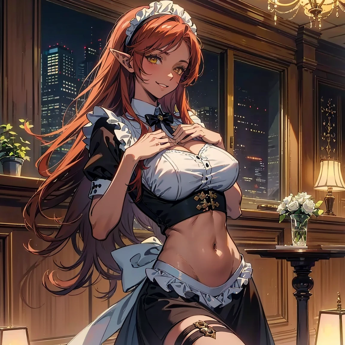 (((Masterpiece))),(((Super Detail))),(((in 8K))),(((best composition))),(((Rim lighting,Fireglow effect,deep shadow))),solo),Beautiful fingers,Detailed finger features,(Detailed hair features:1.7),(Dynamic and sexy bending pose:1.3),detailed facial features,detailed clothes features, (perky chest:1.1), (pointed chest:1.3), delicate beautiful face, Bright blue eyes, cute eyes, sparkling eyes, Big eyes, beautiful detailed eyes,double bun with glittering hair ornament:0.6,(super detailed glossy skin:1.3),slender body,goddess smile,((with sparkling eyes and a contagious smile)),beautiful posture,have a cup of coffee,black hair, red eyes, dress, bare shoulders, jewelry, collarbone, sidelocks, hairband, earrings, indoors, off shoulder, sweater, arms behind back, plant, short hair with long locks, white hairband, off-shoulder dress, sweater dress, off-shoulder sweater, red sweater, big side hair, very long side hair,(super delicate floral pattern:1.2),seductive cleavage:1.3,beautiful glossy legs,shiny red high heels,lifting dishes with cakesd,french restaurant,hustle and bustle,rising steam,(((depth of fields)))
