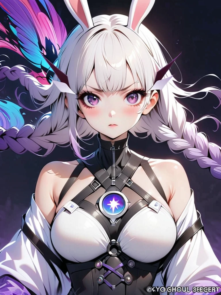 half-naked sexy superpowered woman with white hair with glowing eyes with big hole in the middle of her chest almost dying