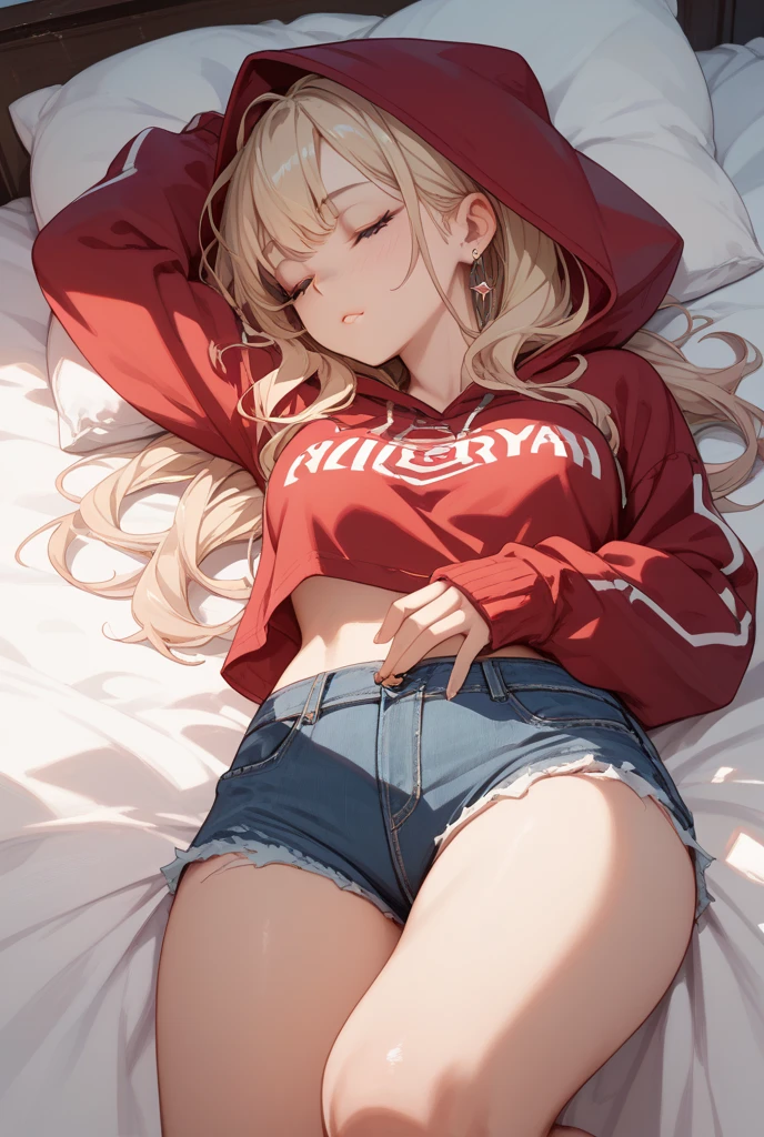 (Masterpiece, Photorealistic, high resolution), ((1girll):1.2), (Masterpiece, Photorealistic, high resolution), ((1girll):1.2), a age girl (Loose Red shirt, navy Blue fitness dolphin short (medium of breast):1.2, thighs), on top of the bed, lie on the bed, Dolphin fitness shorts, visible panty lines, Pants are Wet, Tears in eyes.