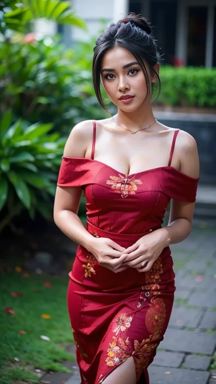(Close up),RAW, Best quality, high resolution, masterpiece: 1.3), Beautiful Malay woman, Karya, fit body, big breast,thick thighs,big beautiful eyes, Soft smile, beautiful face, muslim close up of a woman in a red dress sitting on a wooden bench, wearing a long flowery dress, wearing pink floral gown, red floral dress,, flowery dress, full covered dress , very beautiful enga style , Great lighting, Bright colors, Clean lines