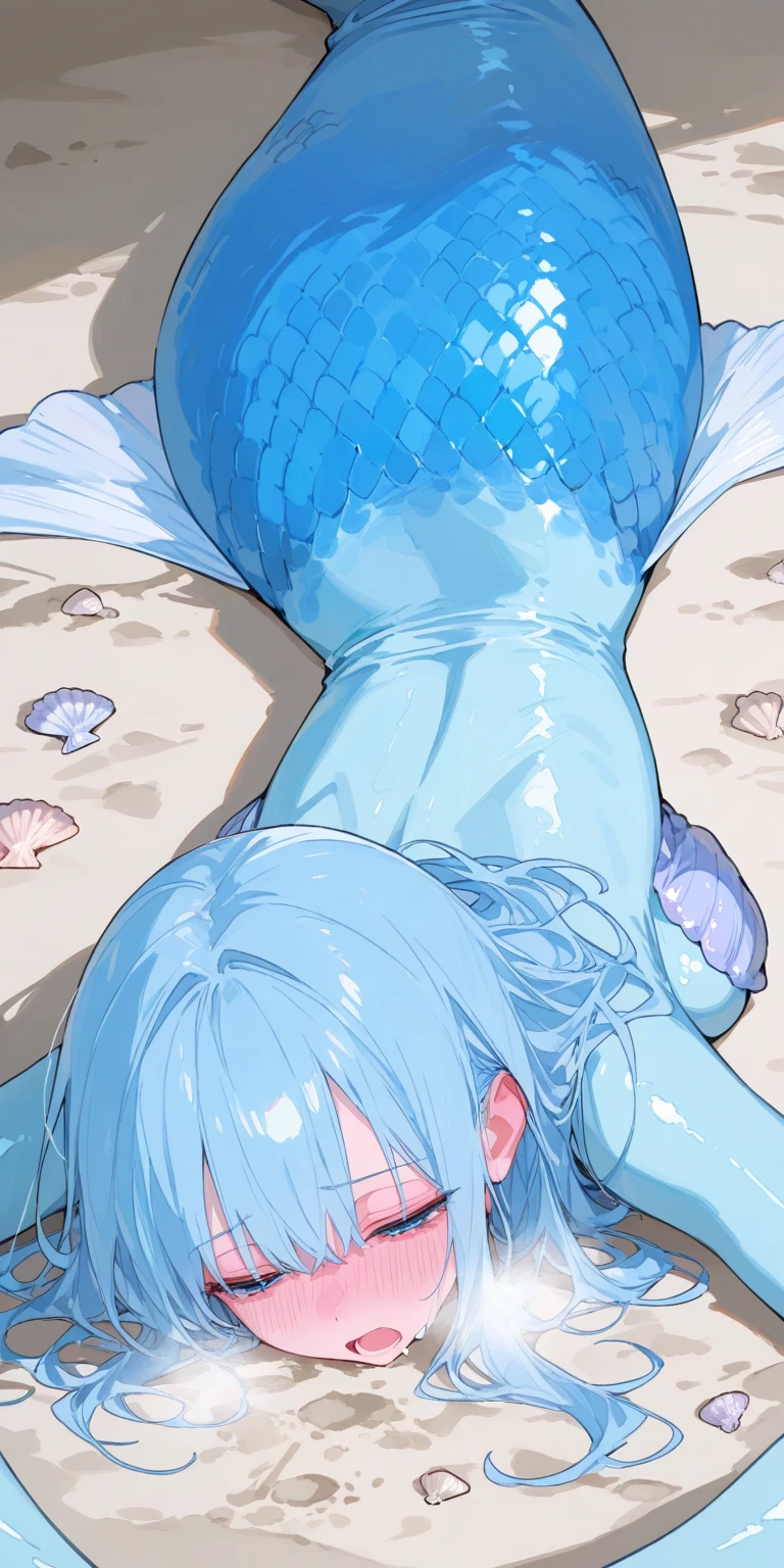2D, well-muscled, absurderes, 1girl in, ((Monster Girl, Fish girl, mermaid, Fish tail)), Liquid, dripping, Colored skin, Blue, shorth hair,