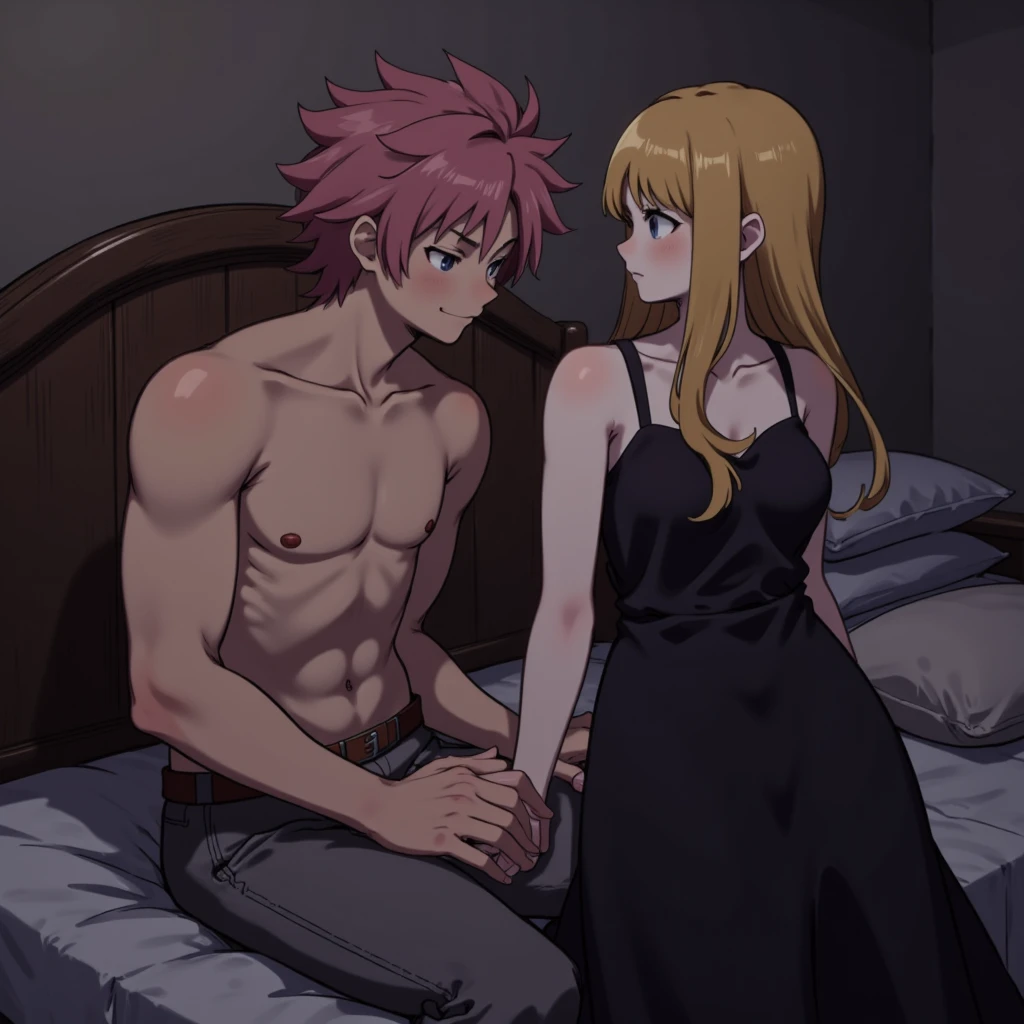anime couple lying in bed hugging, sfw version.(anime) (my hero academia) An attractive young adult boy (little long reddish hair tied) (green eyes)(serious look)(cross tattoo on neck he is shirtless wearing black shorts barefoot ) lying on a bed hugging a girl (long light purple hair. violet eyes.lined under the eyes.violet dragon tattoo on neck.serious look with a blush.attractive) .Wear sexy black lingerie, big breasts.Sitting on the boy's lap.Elegant room background.