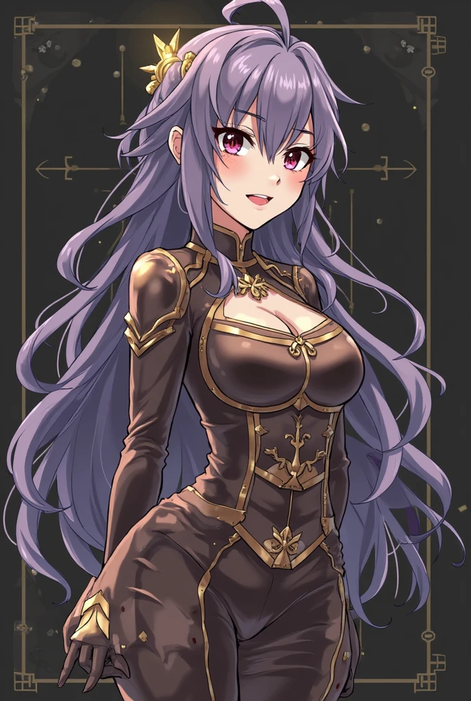 anime style art, fully body: uma mulher de 20 anos, with long dark brown hair, with a braid over the shoulder on one side of the head, and on the other side a large hair clip in the shape of a butterfly wing. With black and gold leather clothes, holding a katana