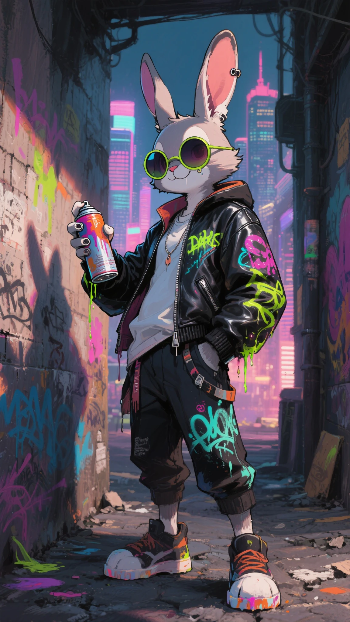 A rebellious anthropomorphic rabbit character inspired by urban streetwear, standing confidently in a dimly-lit alley. He wears round sunglasses, a leather jacket with neon graffiti patterns, and holds a spray can dripping with paint. His expression is smug, ears pierced with rings, one ear bent. Stylized anime character design with exaggerated proportions and dynamic pose. Painted in thick layered acrylic brushstrokes, rich impasto texture, dramatic lighting with colored shadows, gritty atmosphere. The background features graffiti-covered walls and a glowing city skyline in the distance. High-detail, painterly aesthetic, no text.
