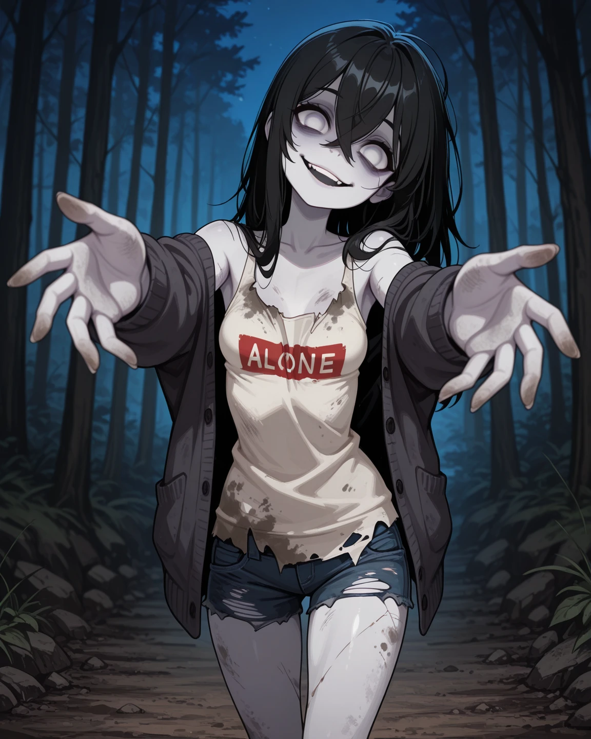 detailed, 4k, HD, punk gothic girl, better quality, work of art, white skin, gray T-shirt, loose T-shirt, black skirt, dark gray hair, long hair, messy hair, gray eyes, detailed eyes, shining eyes, she is in a dungeon, body covered in blood, blood spatter, grey background, she is smiling, close face, sexual ecstasy, arms back, hidden hands,