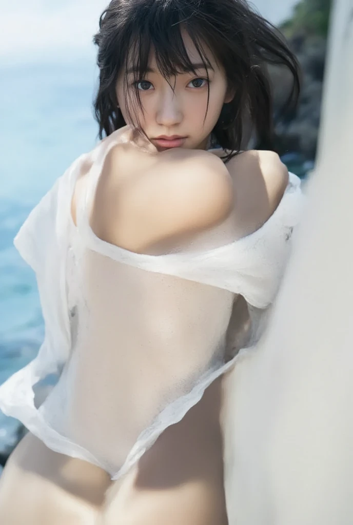(4K、RAW Photos、Highest quality、masterpiece:1.2)、(Realistic、Realistic)、1 Girl、((Nipples、Wet Skin、Big Breasts、Are standing、Morning sunlight、Ocean、Sundarium Hair))、smile、Lots of eyelashes、Add shine to your eyelids、skeletally correct、Fair skin